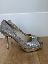 JIMMY CHOO Authentic Luna Champagne Silver Metallic Glitter Peep Toe Pump 36.5
