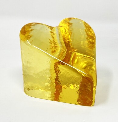 FIRE AND LIGHT Yellow Heart Paperweight Recycled Glass Signed Textured 3 