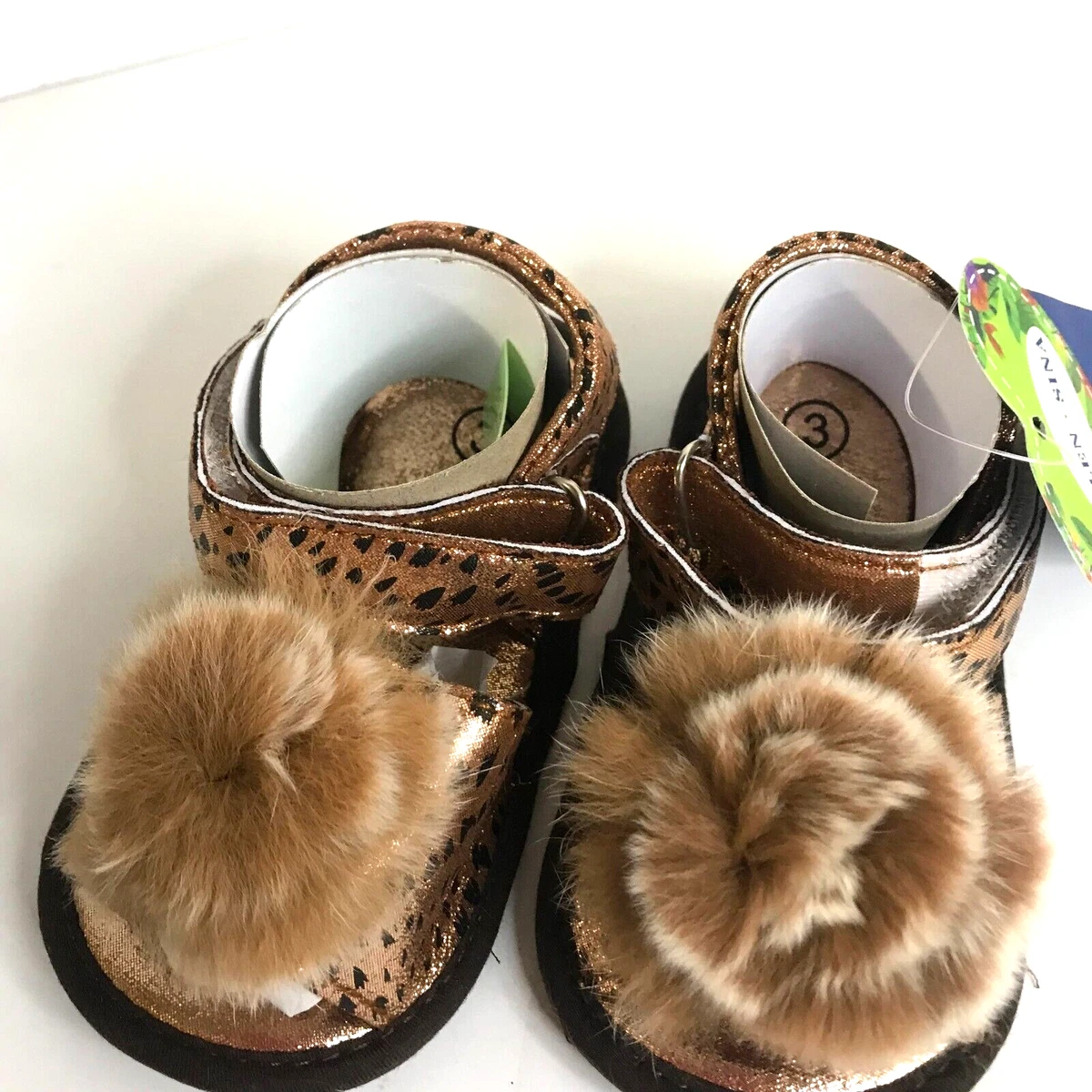 Baby Sandals Pom Pom Leopard Print Strappy Summer Shoes New Size 12 18 Months