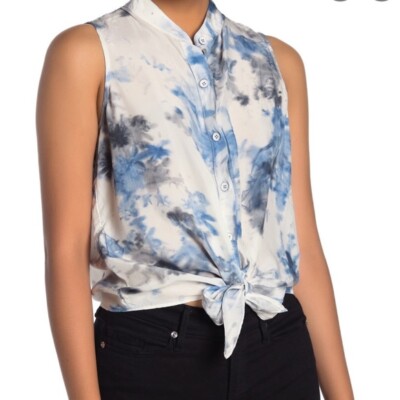 Fifteen Twenty womens White & Blue Tie Dye Tie Front Shirt Blouse Top size Small