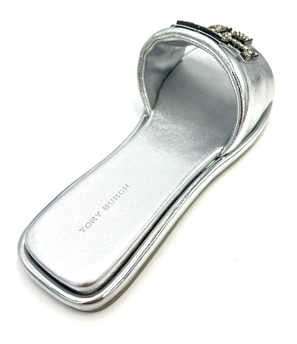 サンダル・ミュール Tory Burch Sandals Women Leather Silver TORY BURCH DOUBLE T SPORT SLIDE CRYSTAL LOGO METALLIC SILVER