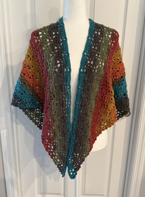 New Handmade Lightweight Crochet Triangle Shawl Earth Tone Knit Wrap Lacy Stripe