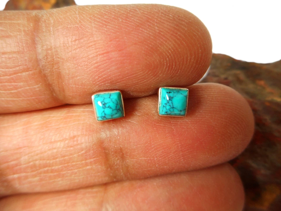 Small Square Blue TURQUOISE  Sterling  Silver  925 Gemstone Stud Earrings - 4 mm - Image 2 of 4