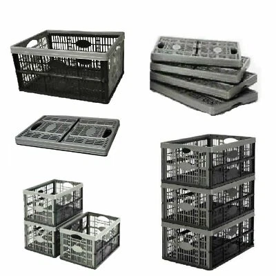 Plastique Plat Pliable Rangement Crates Boîtes Empilable 32 Litre Noir Gris - Photo 1/4