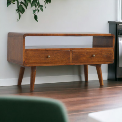 Kleiner TV Konsolentisch mit Schubladen und offenem Regal Vintage TV Ständer Massivholz