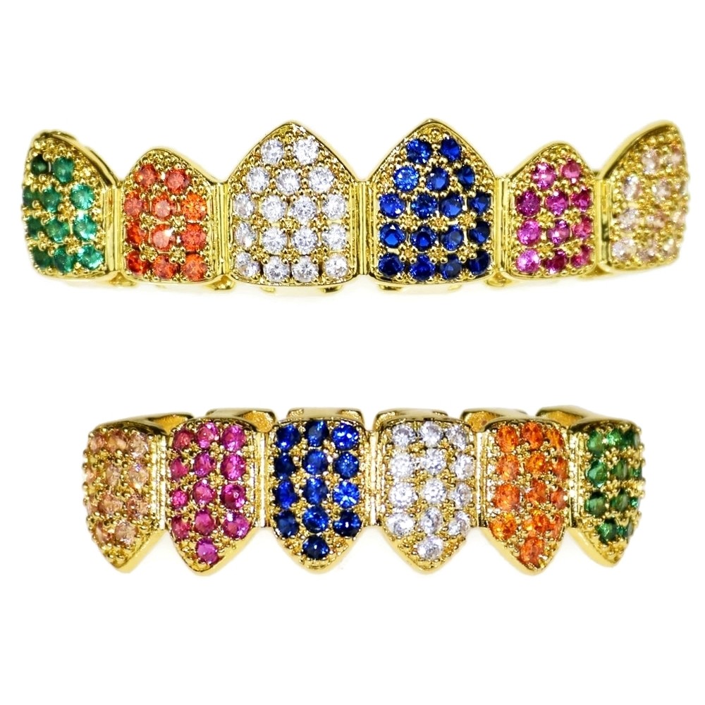 18k Gold Plated Rainbow Grillz Set CZ Cubic Iced Multi-Color