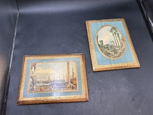 Vintage Pair of Italian Wood Painted Gilded Scenes of Italy Souvenir Art Piece