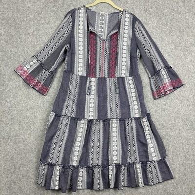 John Mark Embroidered Dress Womens M Tiered Floral Art Boho Flowy Midi Pockets