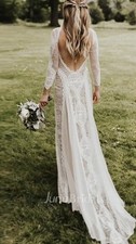White Lace Long Sleeve Boat Neck Full-Length Column Sheath Boho Dress