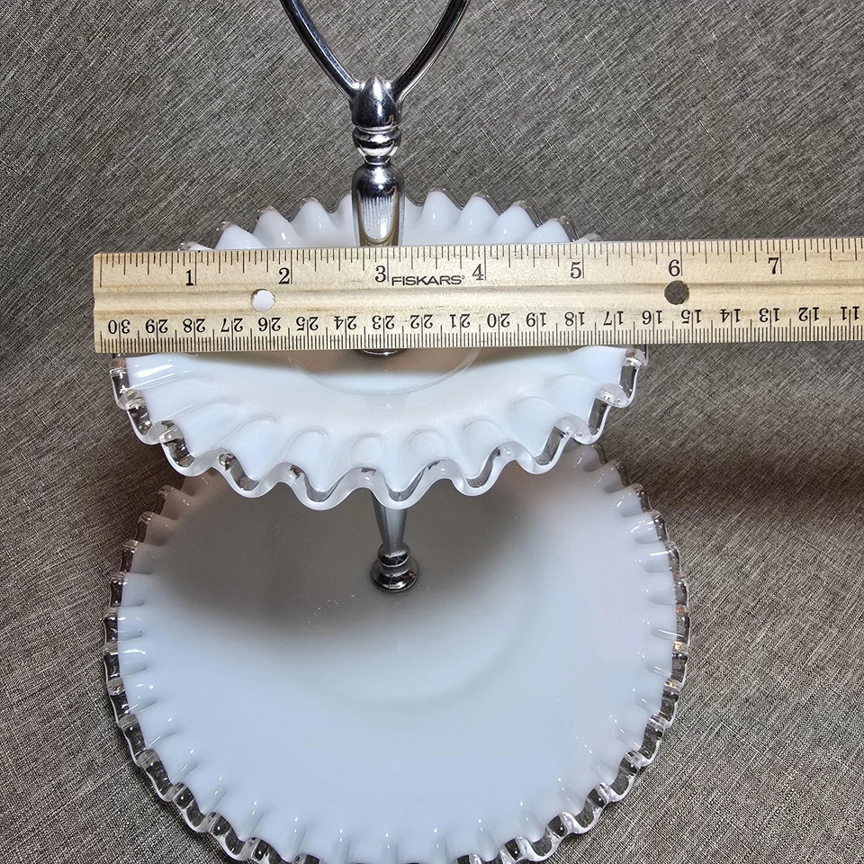 Vintage Milk Glass Ruffled Silver Edge 2-Tier Serving Tray Stand & Plate - Image 3 of 4