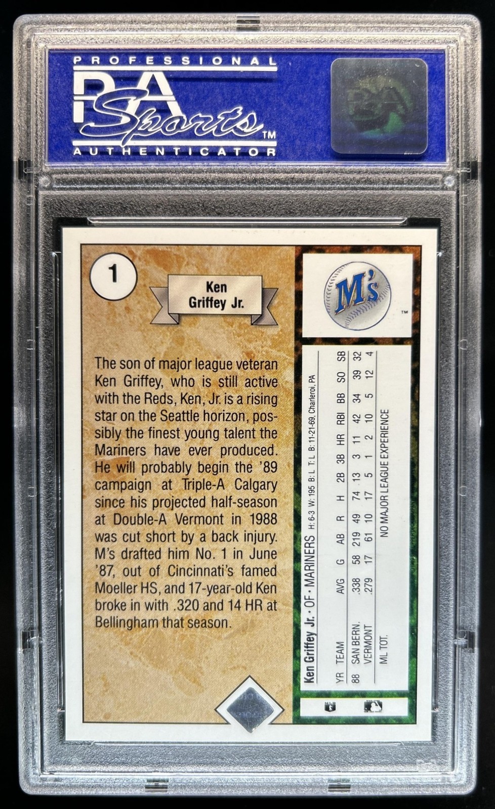 1989 Upper Deck Ken Griffey Jr. Rookie RC #1 Mariners PSA 9 view 2