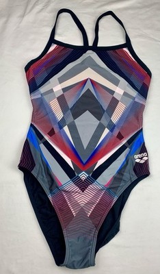 arena Women's One Piece Athletic Racerback Swimsuit Black Multicolor Size 32