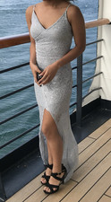 Windsor Silver Lace Maxi Dress V-Neck Side Slit Strappy Sleeveless Size S