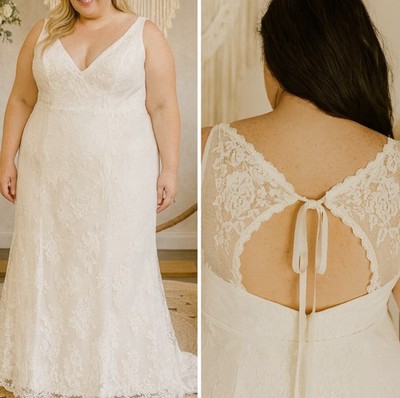 Galina Sleeveless V-Neck Floral Lace Maxi Wedding Gown in Ivory size 16W