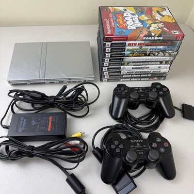Sony PlayStation 2 Silver Slim PS2 Console Bundle 2 Controllers 10 Games 77001