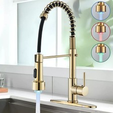 Polished Gold LED Kitchen Sink Faucet Pull Down Sprayer Single Handle Mixer Tap