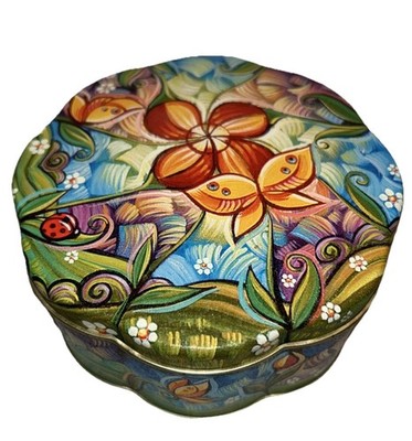 5.5 Vintage Century Resources Scalloped Round Metal Tin Box Butterfly Floral Art