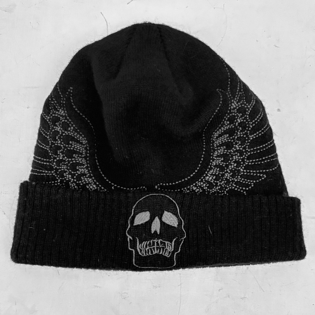 Granule Y2K Black Skull & Wings Knit Ribbed Fold Brim Beanie Hat 