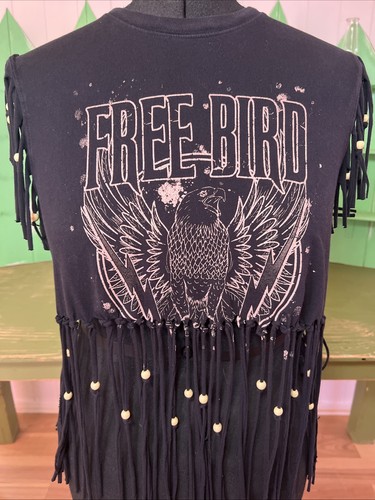 up cycled cropped fringed free bird beaded shirt boho hippie festival handmade