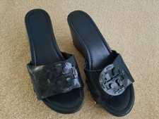 Tory Burch Logo Platform Wedge Sandals, sz7, Patent, Navy