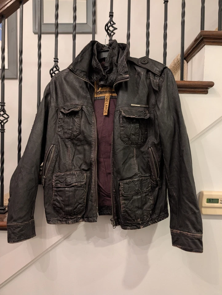 Superdry Hombre Chaqueta Grande Cuero Marrón Brad Motocicleta Café Foto 2 de 4