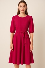 S.L. Petites Vintage VTG Pleated Tie Waist Flowy Midi Dress Magenta Pink Size 10