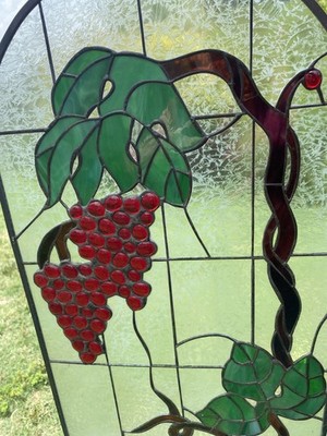 Vintage 23x14 dome Stained Glass Art Panel - leaves - Grapes