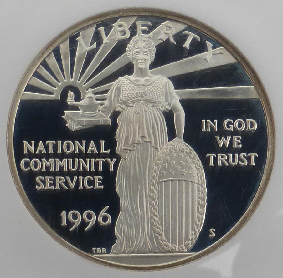 1996 S NGC PF 69 U-Cam National Community Service Silver Dollar, USA $1 Coin