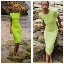 Zara Lime Green Ribbed Midi Dress Size Small Short Sleeve Bodycon 3519/010