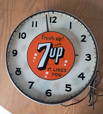 Rare Late 1930s, Large 7up Metal & Reverse-Painted Glass Clock - Very Deco Look
