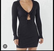 Urban Outfitters Black Ribbed Knit Mini Bodycon Dress Long Sleeve Ruffle Tie Med