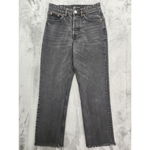 Zara Jeans Womens 4 Faded Black High Rise Button Fly Raw Hem Crop Straight Leg