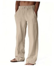 Men's Casual Linen Pants Summer Beach Trousers Loose Fit Large Light Khaki