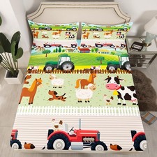 Kids Cartoon Farm Animals Bed Sheet Set Toddler Cute Tractors Fitted Sheet fo...