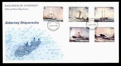 DR WHO 1987 ALDERNEY GUERNSEY FDC SHIP WRECK CACHET COMBO w29642