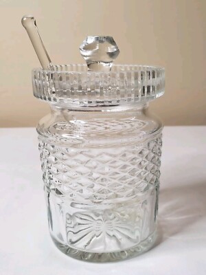 Vtg Cut Clear Glass (3 Pcs) Jar, Lid & Spoon Sugar Honey Jam Mustard Condiment 