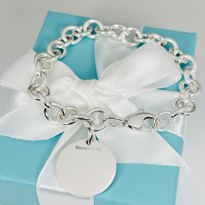 Large 8.5” Tiffany Round Circle Tag Charm Bracelet Engravable