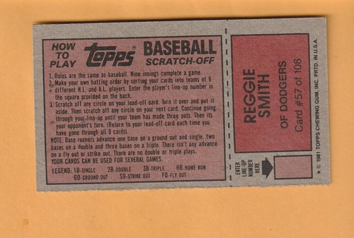 Reggie Smith Los Angeles Dodgers 1981 Topps Scratchoffs #57 Compton CA 5W - Picture 2 of 2