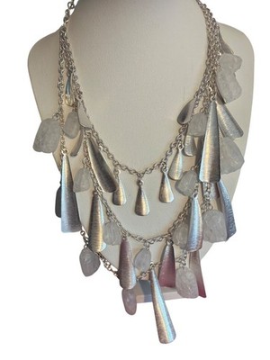 Premier Designs Silver Plated Beach Glass Necklace Opaque Beads Layered 26'' NWOT