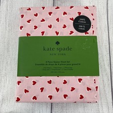 Kate Spade Sheet Set QUEEN Red Pink Hearts Valentine Cotton Deep Fitting