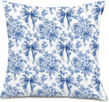Vintage Blue Toile Floral Bow Pillow Covers 18x18, Grand Millenial Decor, Coquet