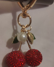 Gold Tone Enamel Cherry  Heart Charm Key Chain Detachable Red Green White