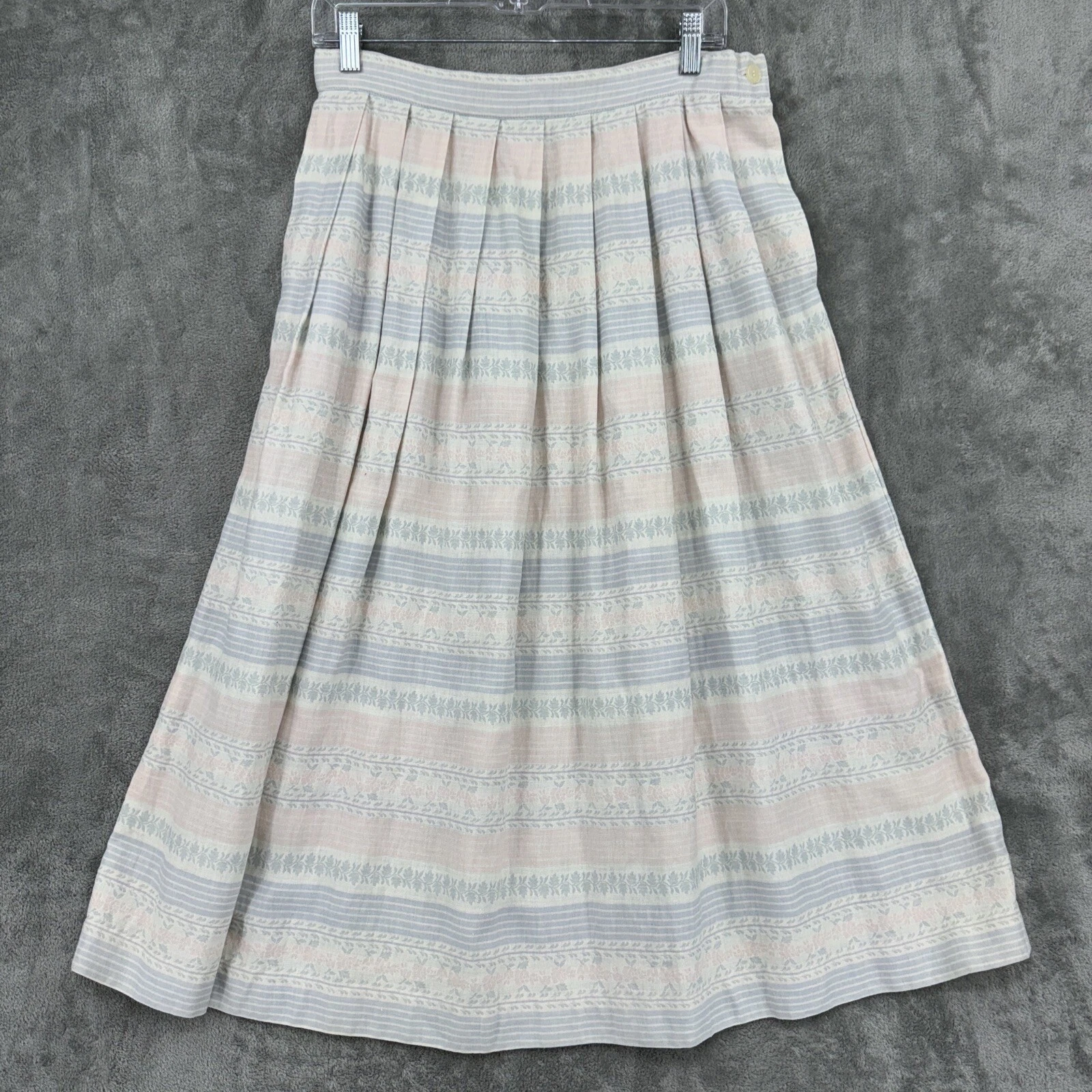 Vintage Skirt 12 Linen A Line Pleated Midi Cottage Modest Prairie Floral Modest