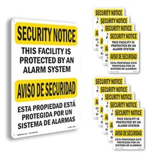 Letrero o calcomanía de aviso de seguridad bilingüe OSHA protegido por alarma - paquete de 5 o 10