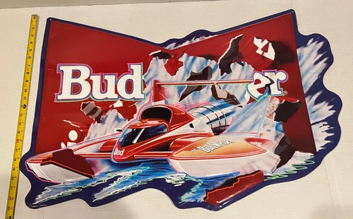 VTG 1991 Miss Budweiser Hydroplane Race Boat Metal Tin Sign 35"x26" Beer Bar Pub