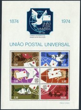 Portugal 1225a, MNH. Mi Bl.15. UPU-100,1974. Transport. Ships,Truck,Pigeon,Train