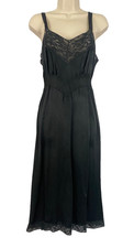 Vintage 1940s black silk slip dress XS S lace knee nylon full pin-up lingerie