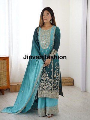 Women s Teal Ombre Salwar Kameez - Embroidered Georgette Anarkali Suit with Dupa