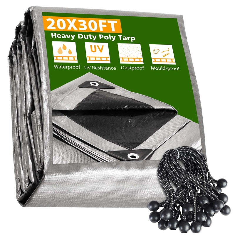 AplusChoice 20x30FT 10Mil Plastic Tarp Waterproof Heavy Duty 25P 9" Bungee Cords