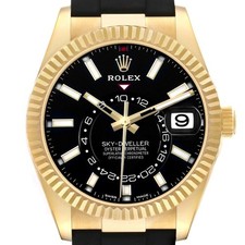 Rolex Sky-Dweller Yellow Gold Black Dial Oysterflex Mens Watch 326238 Box Card